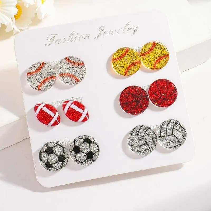 Acrylic Sparkling Ball Stud Earrings Soccer Rugby Volleyball Tennis Baseball Sports Collectible Jewelry for Fans