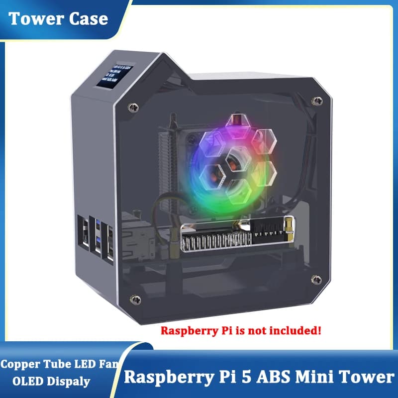 GeeekPi Raspberry Pi 5 ABS Mini Tower Full Kit with Cooling Device Ice Tower 0.96 Screen Dispaly Power Adapter for Raspberry Pi 5