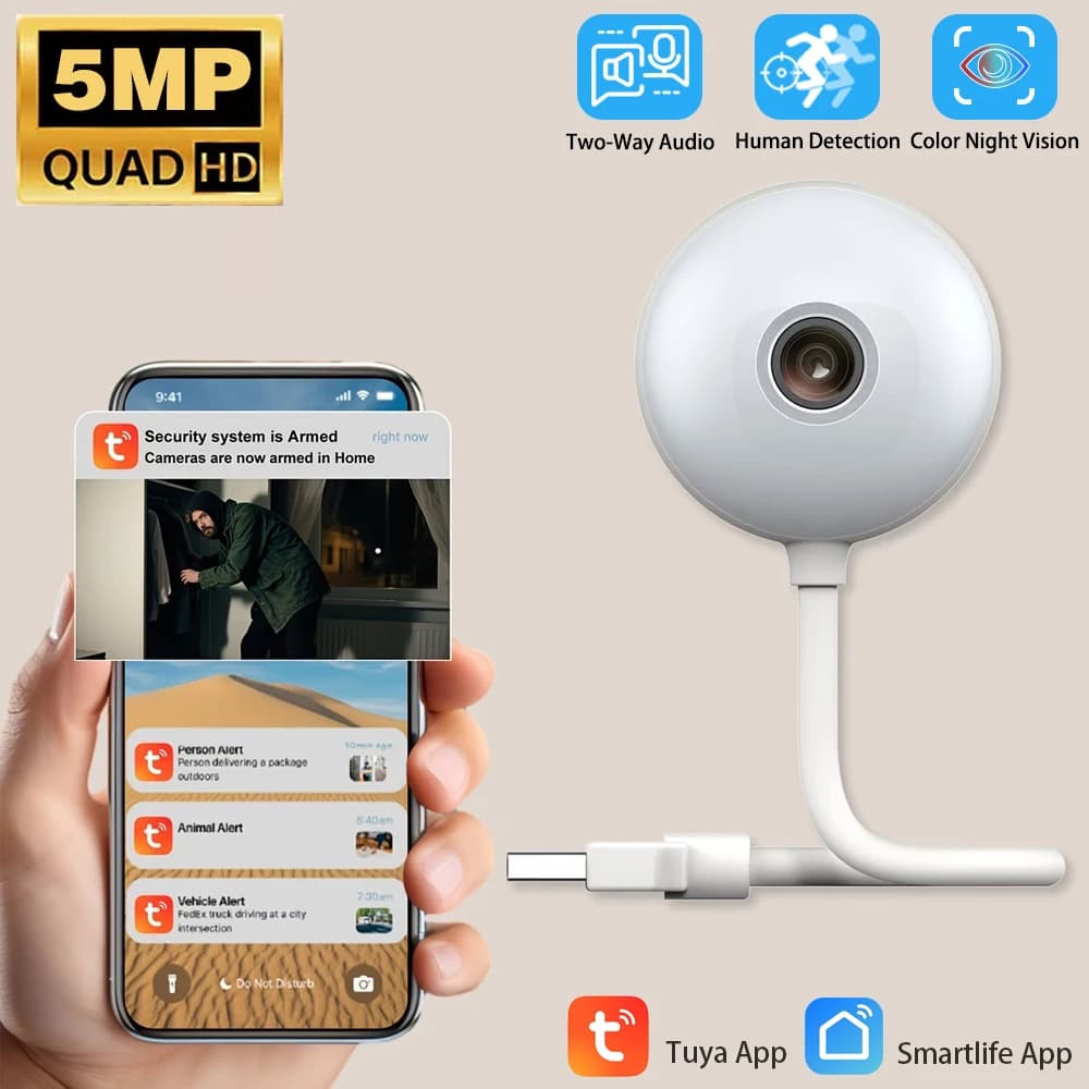Mini Lampadina Intelligente USB Tuya con Telecamera WiFi 5MP, Telecamera di Sicurezza Interna 2K per Monitoraggio Bambini, Tracciamento Automatico, Sorveglianza IP Wireless