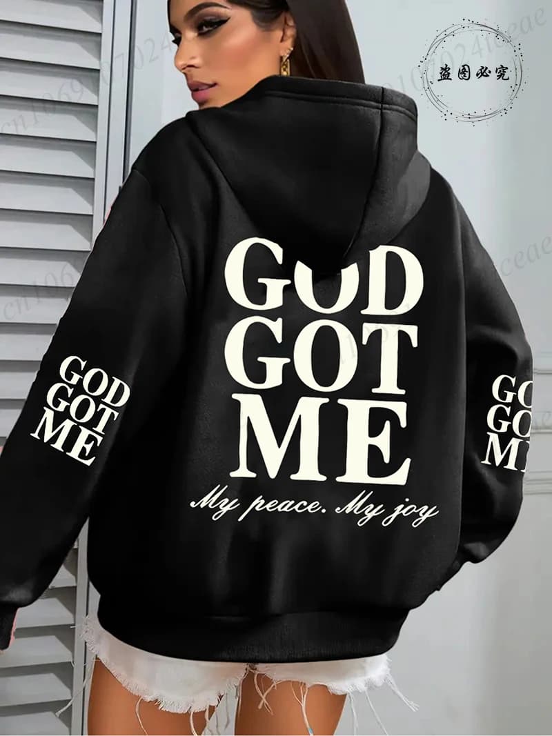 Nuove Felpe con Cappuccio con Stampa 'God Got Me', Pullover alla Moda per Donne, Felpa Oversize a Maniche Lunghe, Design Cristiano