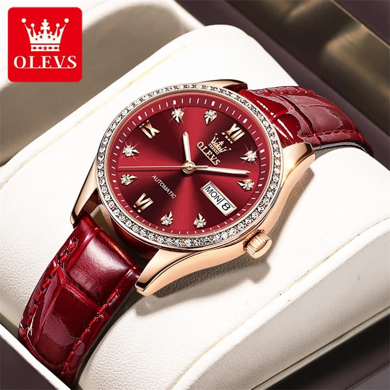 OLEVS Women's Fashion Mechanical Watches Leather Strap Waterproof Women's Luxury Diamond Automatic Date Week Watch Zegarek Damski