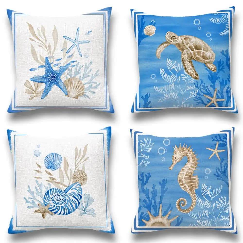 Blue Beachy Sea Life Print Cushion Cover Linen Material Double-Sided Print Soft & Comfortable Sofa Home Decor Gift
