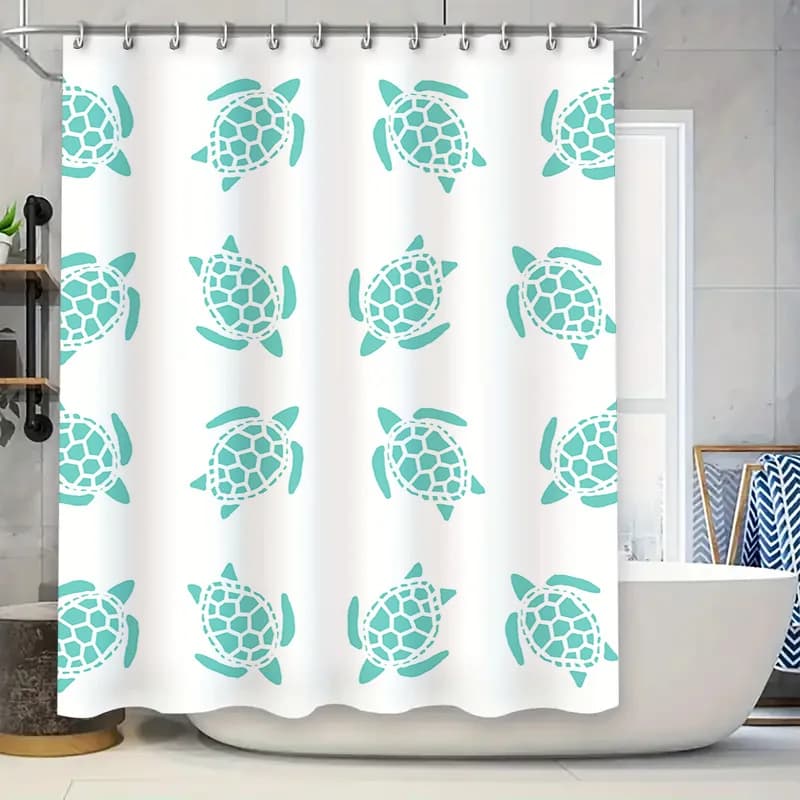 Tenda da doccia per vasca da bagno, modello decorativo tartaruga marina, tessuto in poliestere bianco impermeabile 180x240 cm