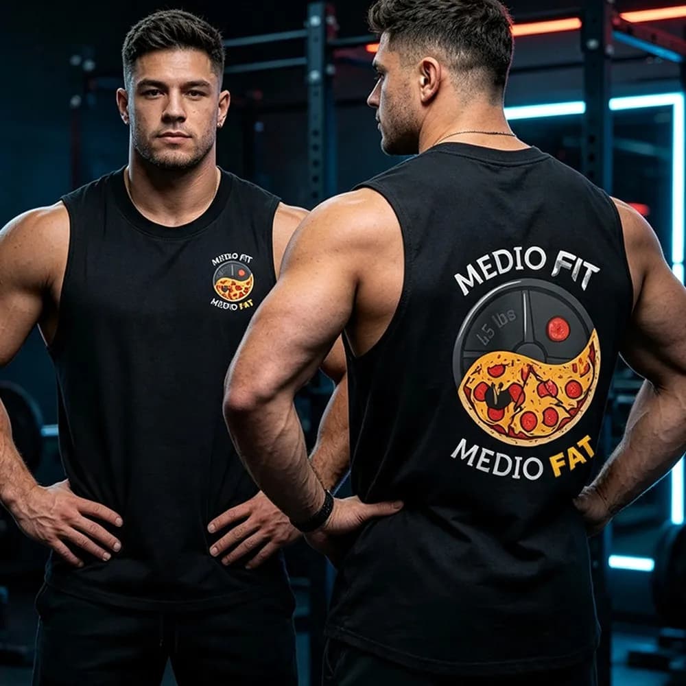 Fitness Men Cotton Sleeveless Tank Double Side Medio Fit Pizza Weight Plate Split Funny Food Gym Training Unisex Top
