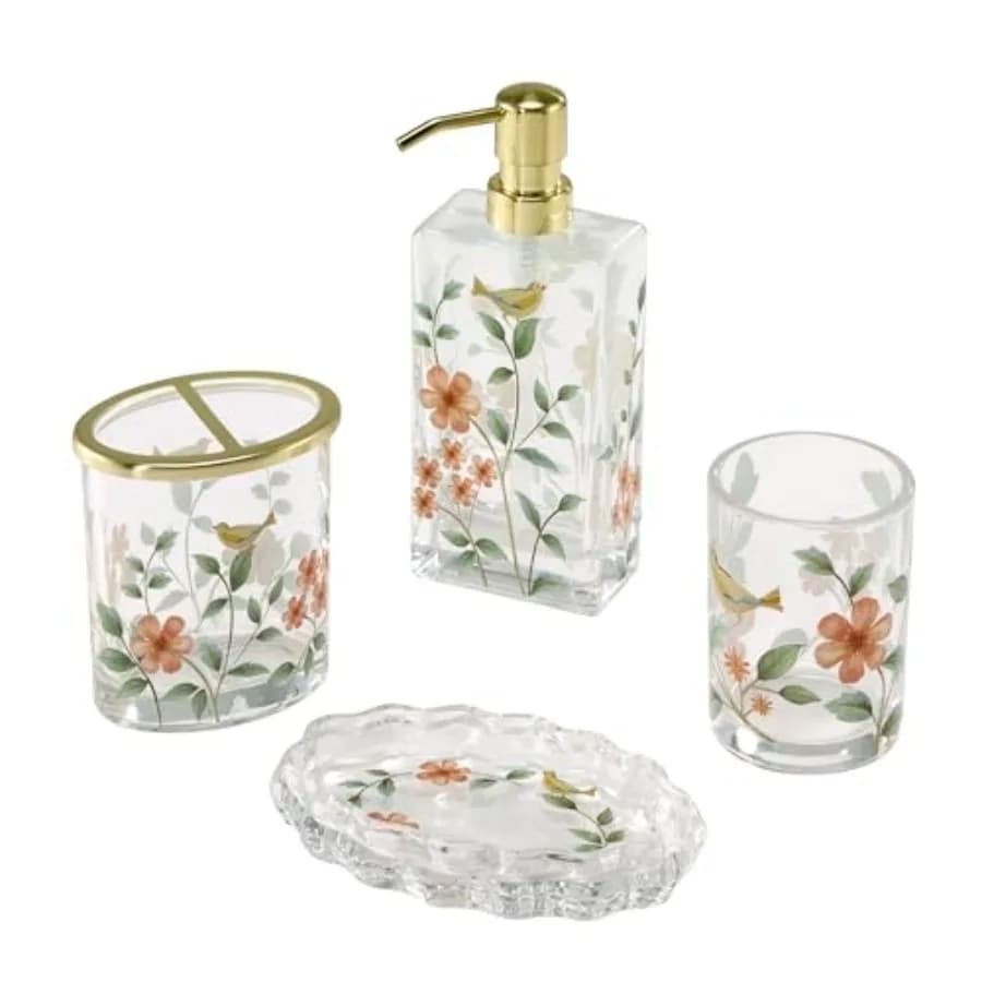 Set di Accessori per Bagno in Vetro Pesante con Design Decorativo a Decalcomania, Dispenser per Lozione, Portasapone, Portaspazzolino, Bicchiere