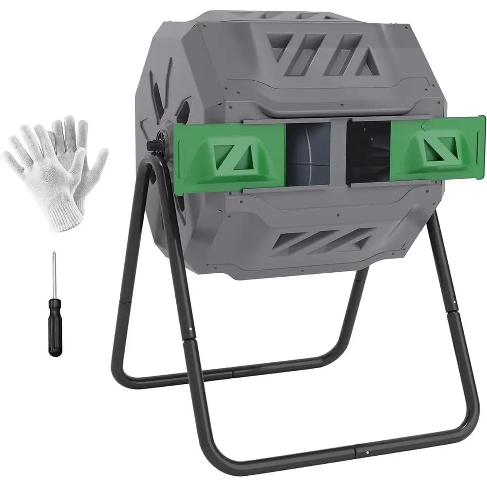 43 Gallon Light Gray Dual Chamber 360° Rotating Compost Bin for Outdoor Garden