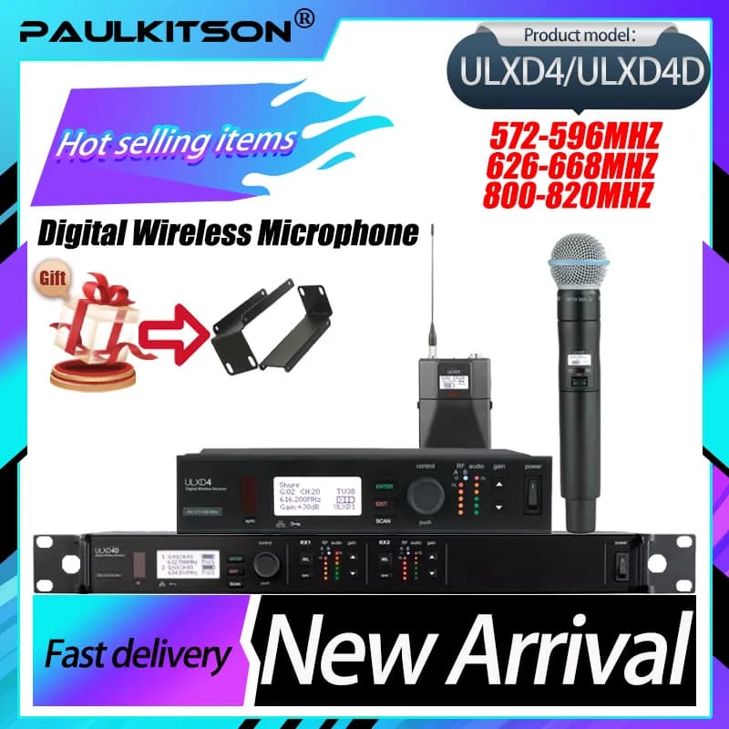 Sistema Microfonico Wireless Professionale Paulkitson True Diversity ULXD4/ULXD4D BETA58A con Auricolari per Performance sul Palco e Feste