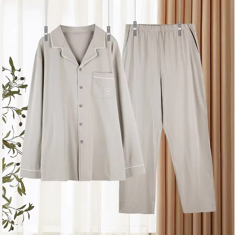 Men Spring Autumn Loose Fit Pajama Set Open Front Long Sleeve Piece Male Casual Home Loungewear Sleepwear Outfit