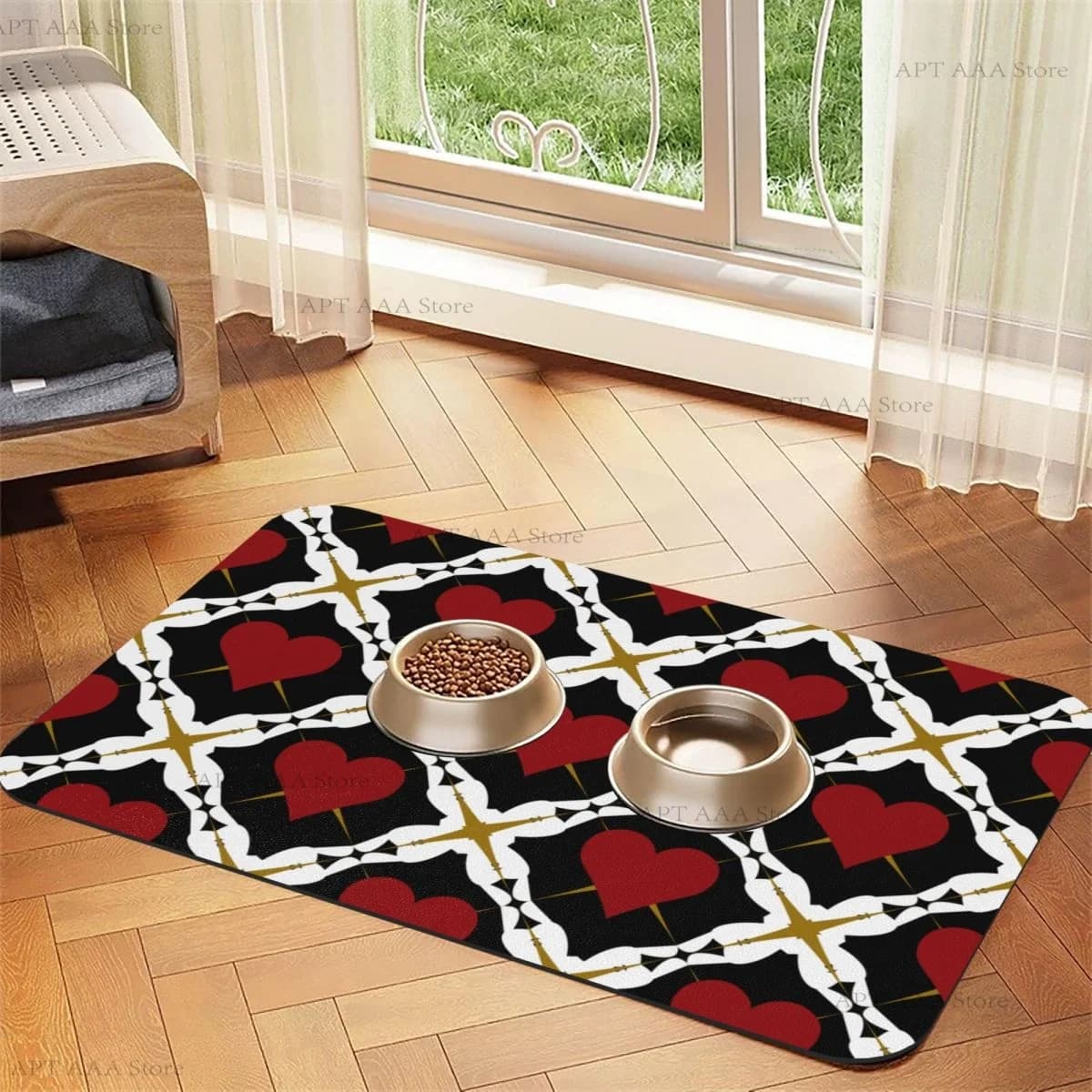 Tappetino per mangiatoia per gatti per animali domestici in pelle assorbente rosso bianco e sfondo dorato Tappetini per mangiare cani e gatti lavabili