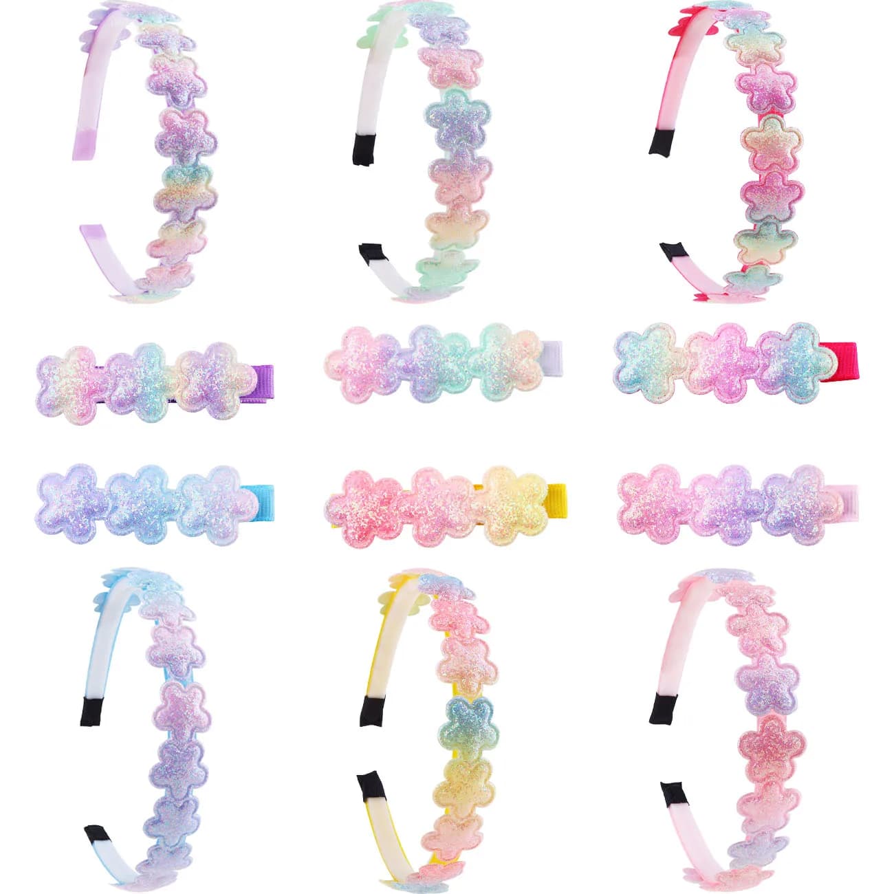Sparkly Glitter Flower Headband Hair Clip Set Sweet Girls Rainbow Shiny Hair Accessories Daily Party Princess Hair Decor Gift
