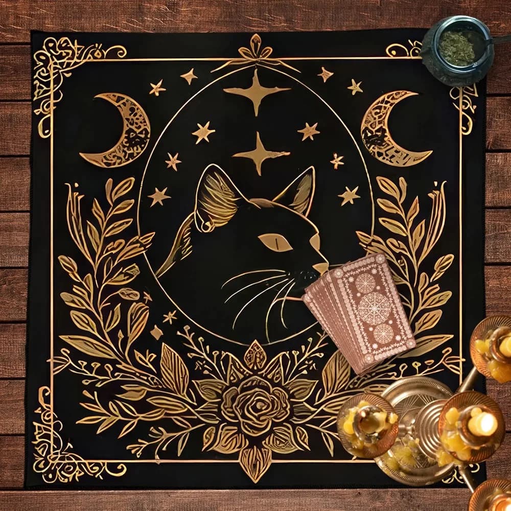 Tappeto per Divinazione con Gatto Stregato e Cielo Stellato, Tappetino per Carte dei Tarocchi, Decorazione per la Casa, Spazio di Meditazione, Stile Bohemien