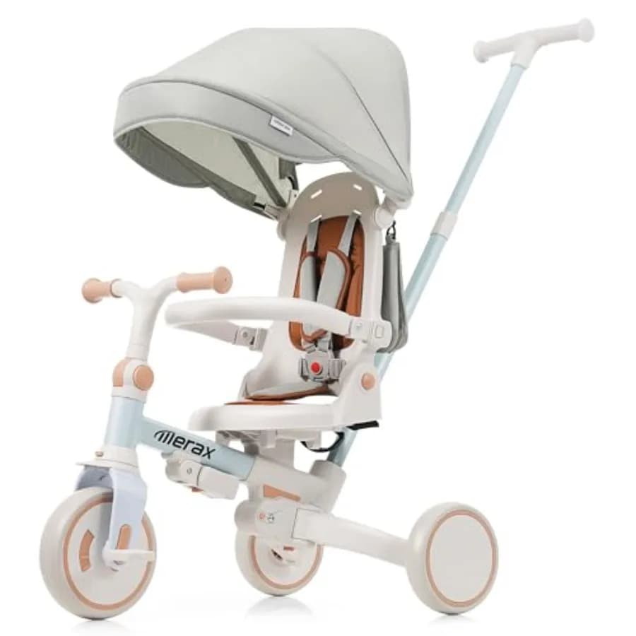 Triciclo Passeggino 7-in-1 per Tutti i Terreni, Pieghevole, con Maniglia Regolabile per Bambini