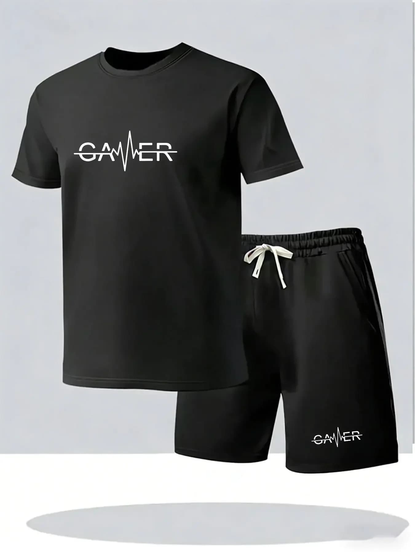 Men Summer 2 Piece Outfit Crew Neck Short Sleeve T-shirt Drawstring Shorts Comfortable Daily Casual Home Tracksuit