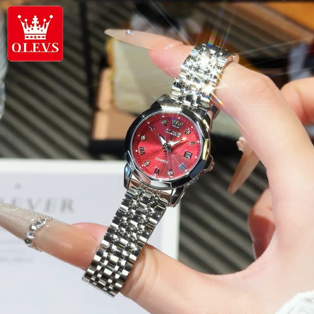 Orologio al Quarzo OLEVS con Specchio Romboidale, Cinturino in Acciaio Solido, Impermeabile, Luminoso, con Data Automatica, Orologio Originale di Marca per Donne 9931
