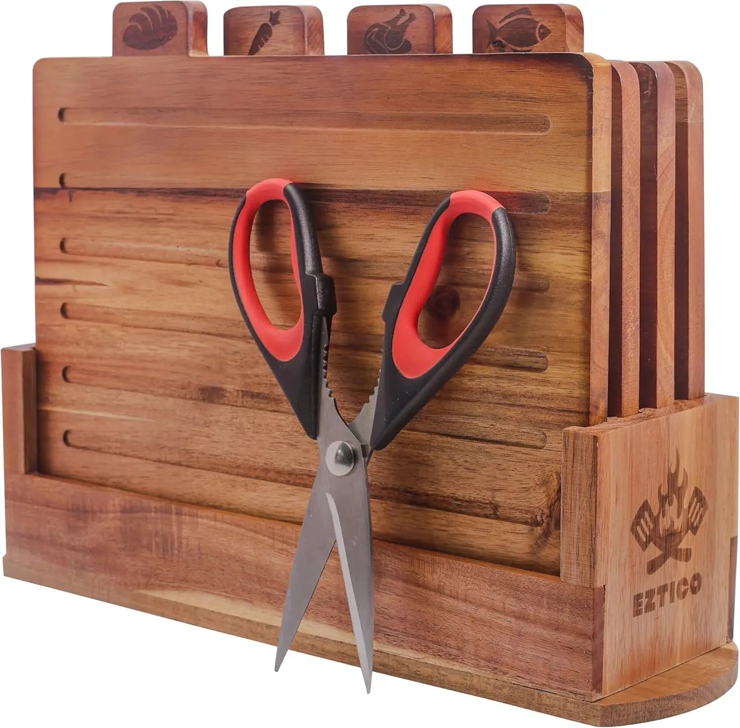 Set di Taglieri in Legno di Acacia con Supporto e Forbici, Scanalatura per Succhi, Essenziali per la Cucina