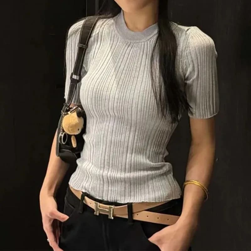 Summer Women Sleeve Crew Neck Slim Fit Knitted Blouse Fashion Ribbed Knit T-Shirt Hot Girl Top Streetwear Casual Basic Tee