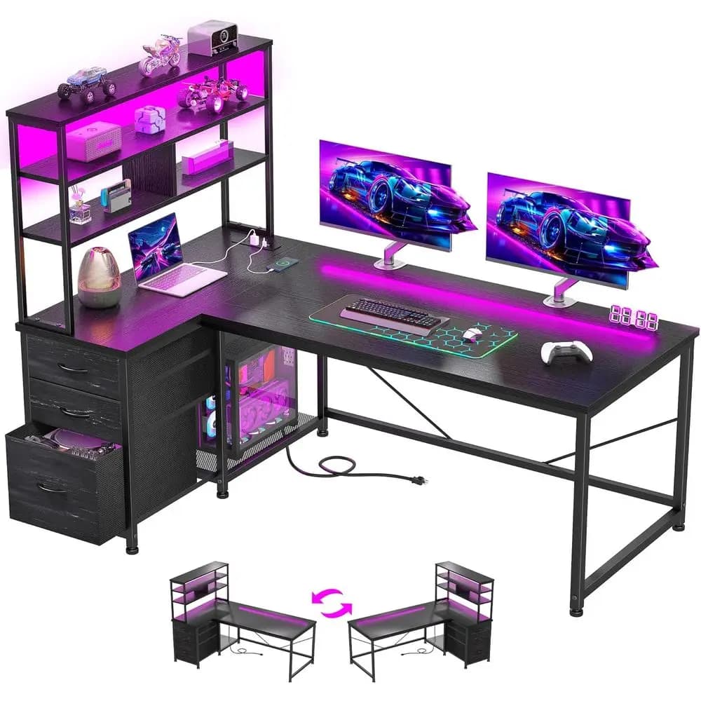 Scrivania da Gaming a L 55 con 3 Cassetti in Tessuto, Reversibile, Luci LED, Presa di Corrente per Ufficio Domestico, Camera da Letto, Dormitorio, Nera