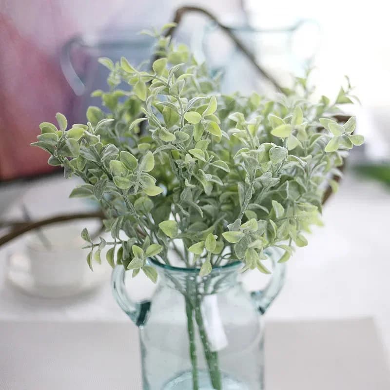 Fake fern plant with fresh melon seeds, artificial foliage, leaves, screw, plastic flowers, party decorations, home and office
