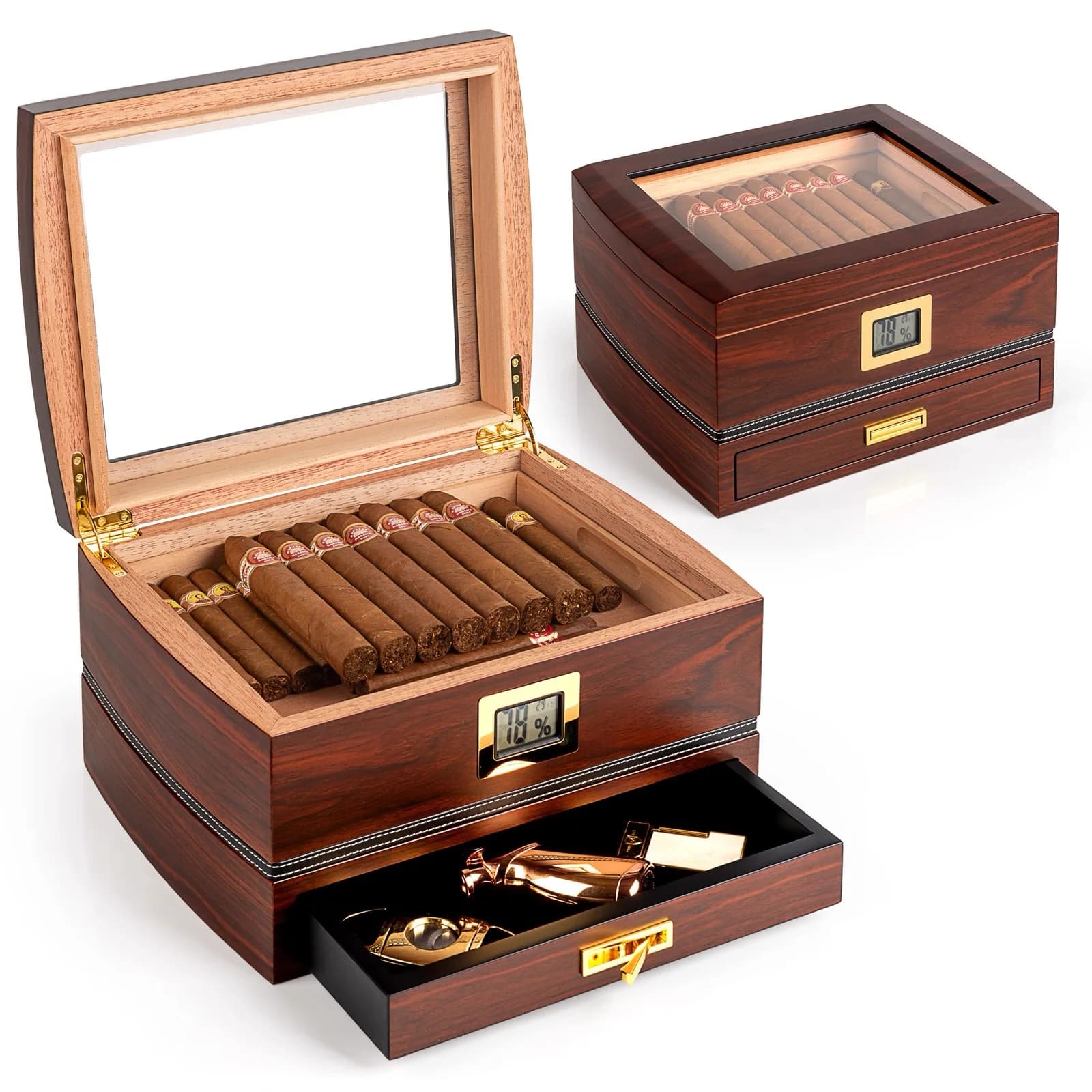Large Capacity Glass Top Cigar Box, Front Hygrometer, Humidifier, Divider, Accessory Drawer, Men's Cigar Box Gift (Brown).