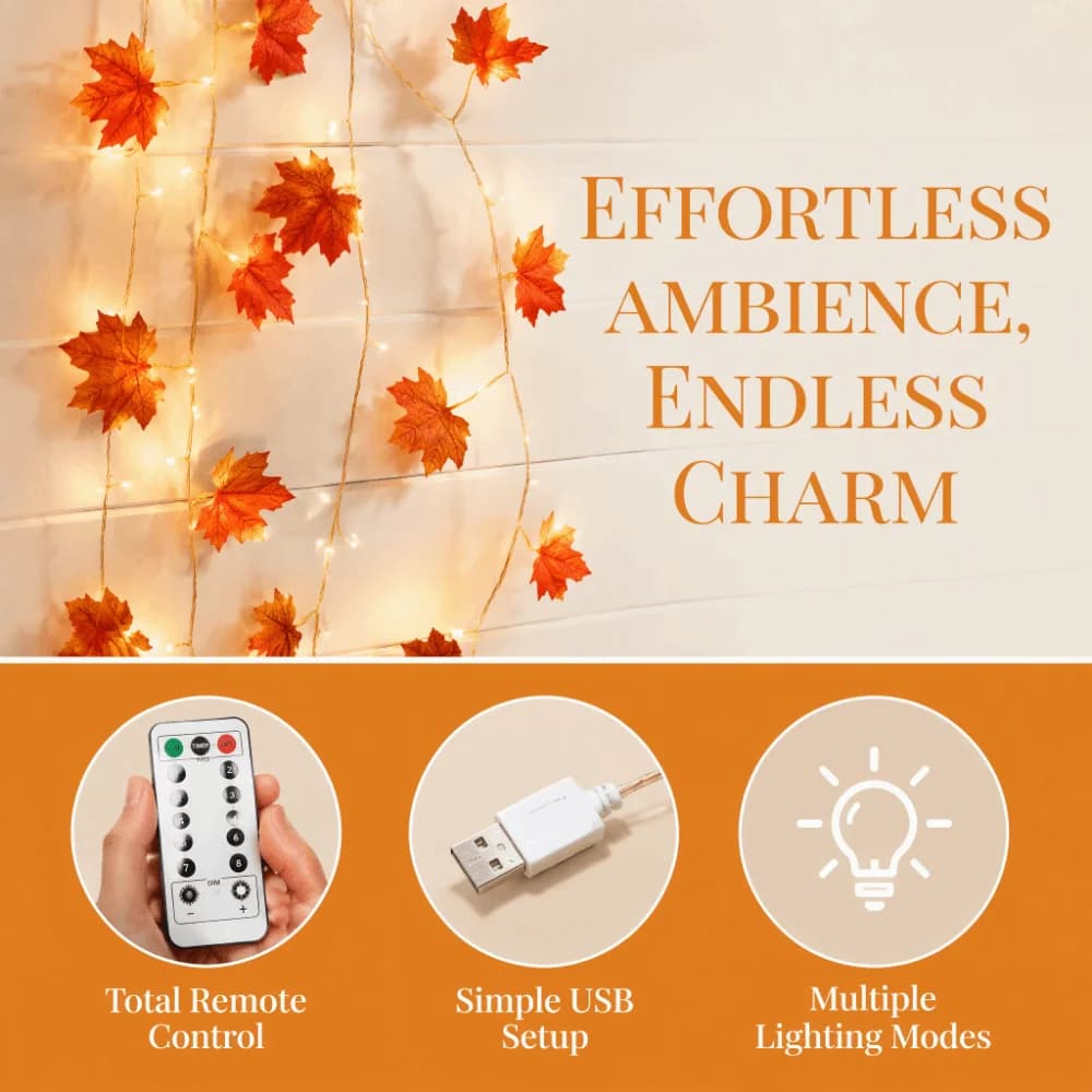 LED String Lights Remote Control Lifelike Maple Leaves Maple Leaf Lights Lightweight Durable Material Warm White