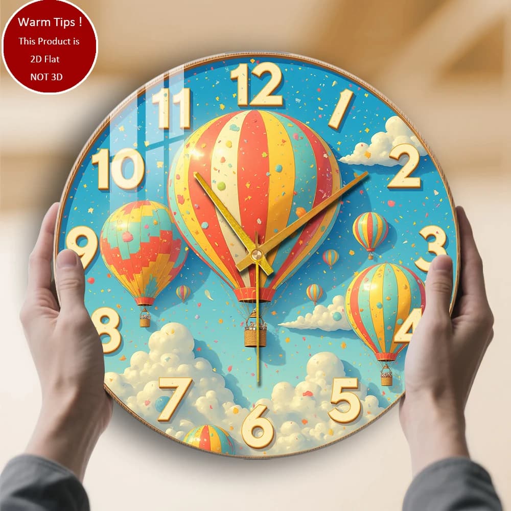 Tempered Glass Wall Clock Hot Air balloons Clock Sky Clouds Confetti Suitable for home room wall decoration or table display