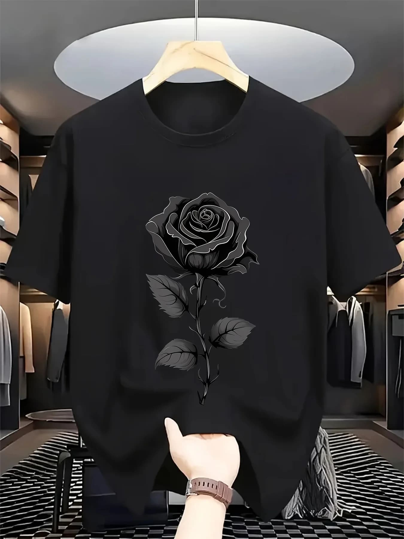 Men's Classic Retro Black Rose T-Shirt - Minimalist Floral Print Round Neck Tee, Machine Washable Suitable for Casual & Formal Wear, All-Season Comfort Fit for Weddings, Parties, Office - Versatile Everyday & Special Occasion Shirts