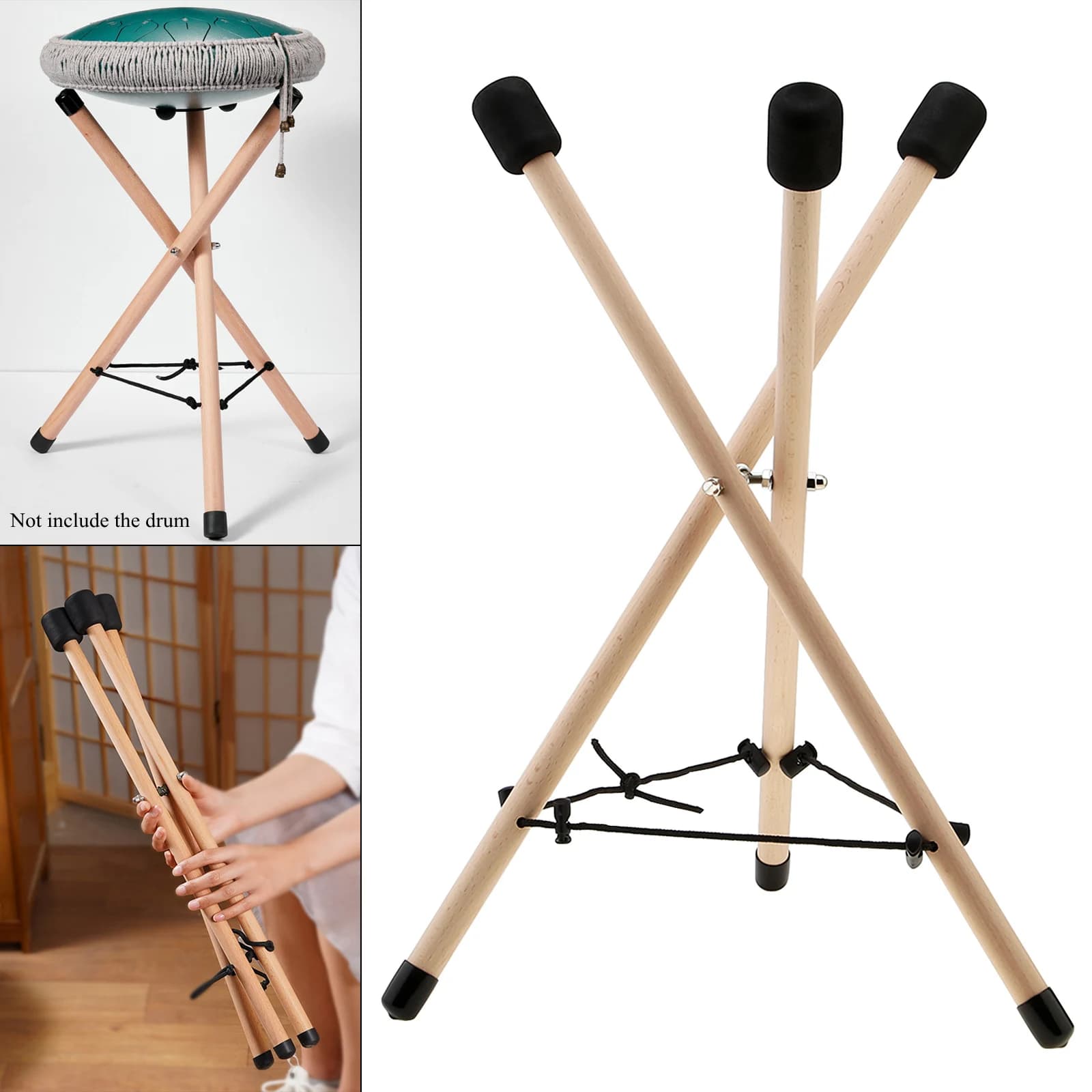 Beech Wood Floor Triangle Bracket Tongue Hand Drum Rack Stand for 10-15 inch, Universal Folding Portable Hang Handpan Holder