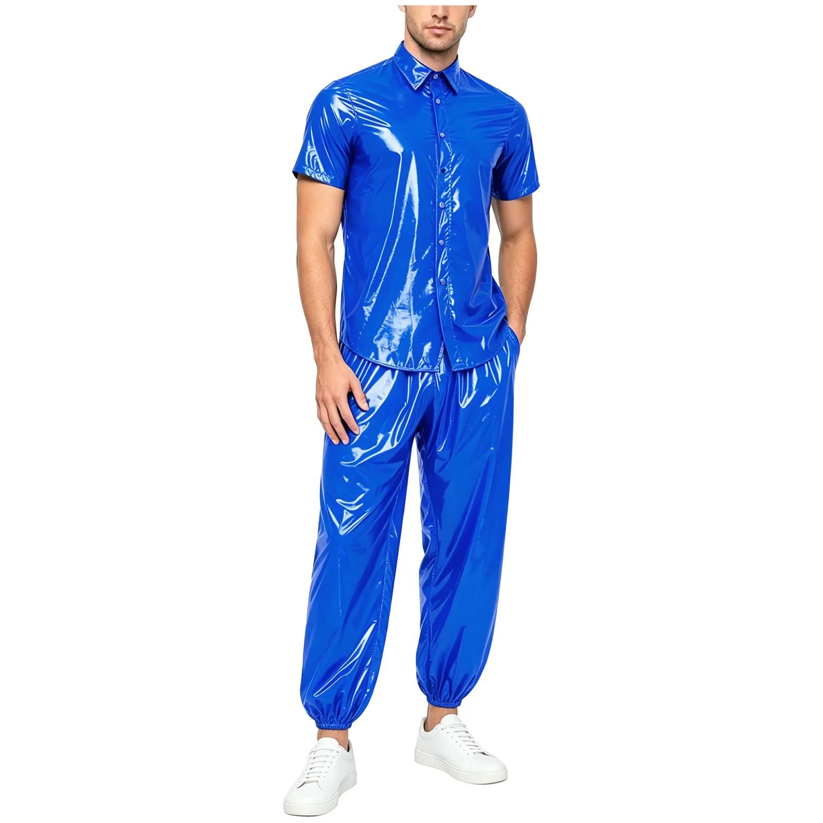 Completo Impermeabile Lucido da Uomo: Giacca e Pantaloni Antivento per Campeggio, Pesca, Escursionismo, Ciclismo, Arrampicata, Yoga, Sauna, Danza Hip Hop