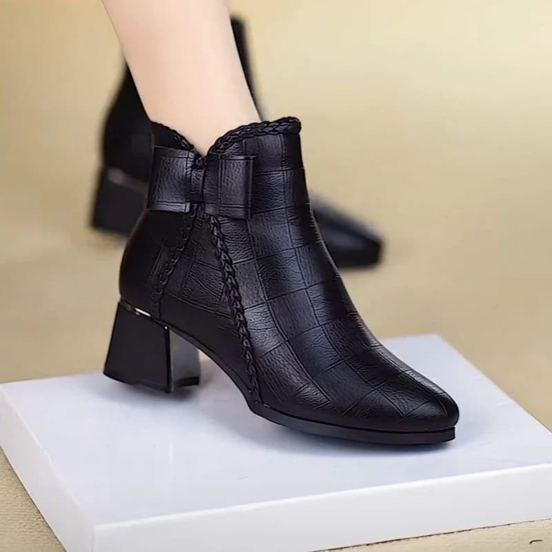 New Women's Genuine Soft Leather Short Boots Plush Lined Pointed Toe Mid-Calf Elegant Single Autumn Winter Style