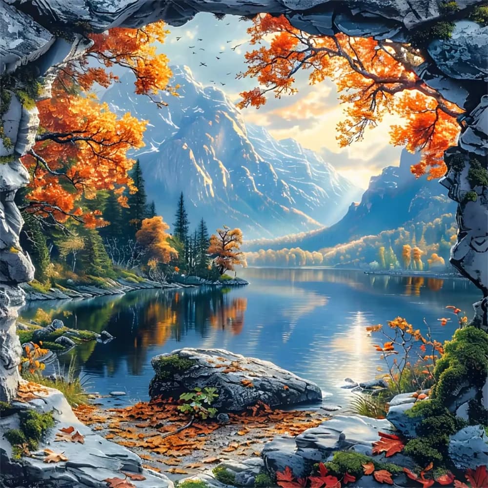 1000/500 PCS Jigsaw Puzzles Cave Framed Autumn Lake Scenery Home Decor Games Landscape Puzzles Educational Toys Birthday Gifts