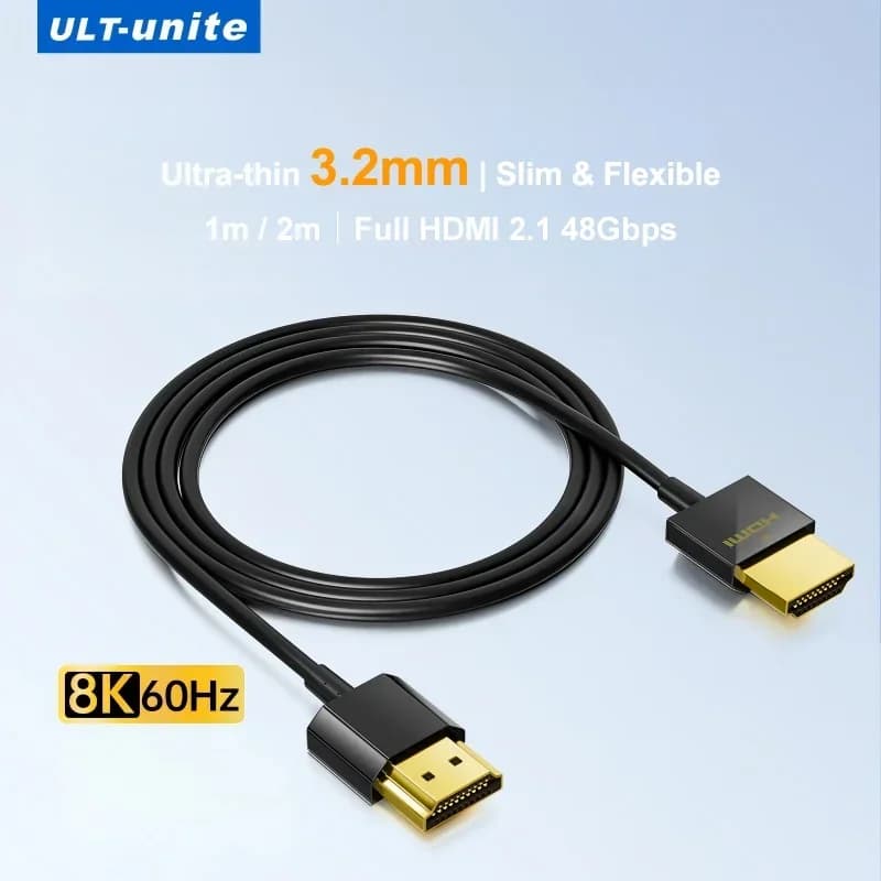 ULT-unite HDMI 2.1 Cable Ultra Thin 3.2mm 48Gbps 8K 60Hz 4K 240Hz 2K360Hz Flexible HDMI Cord Gold-Plated for TV Monitor PS5 Xbox