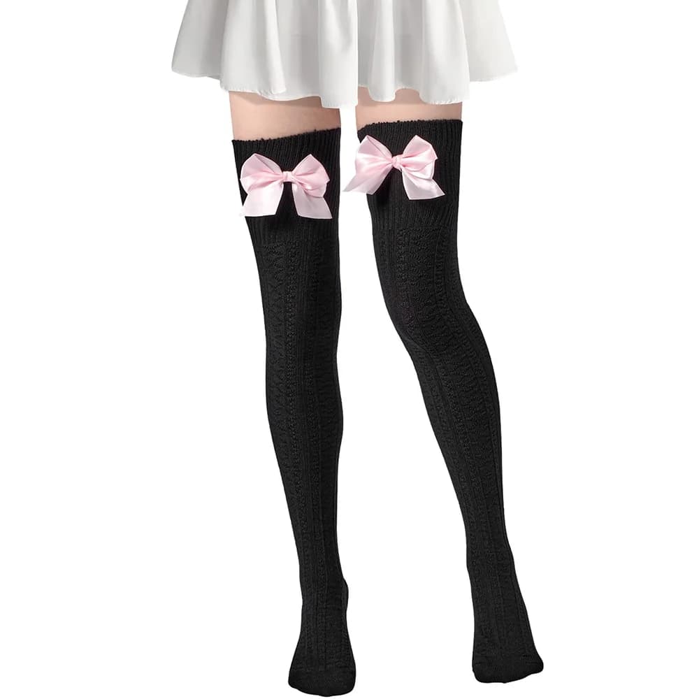 Women's Thigh-High Socks, Super Long, Cute, Knitted, Warm, Thick, High-Tube Boot Socks, Over-The-Knee Socks with Bow Leg Warmers