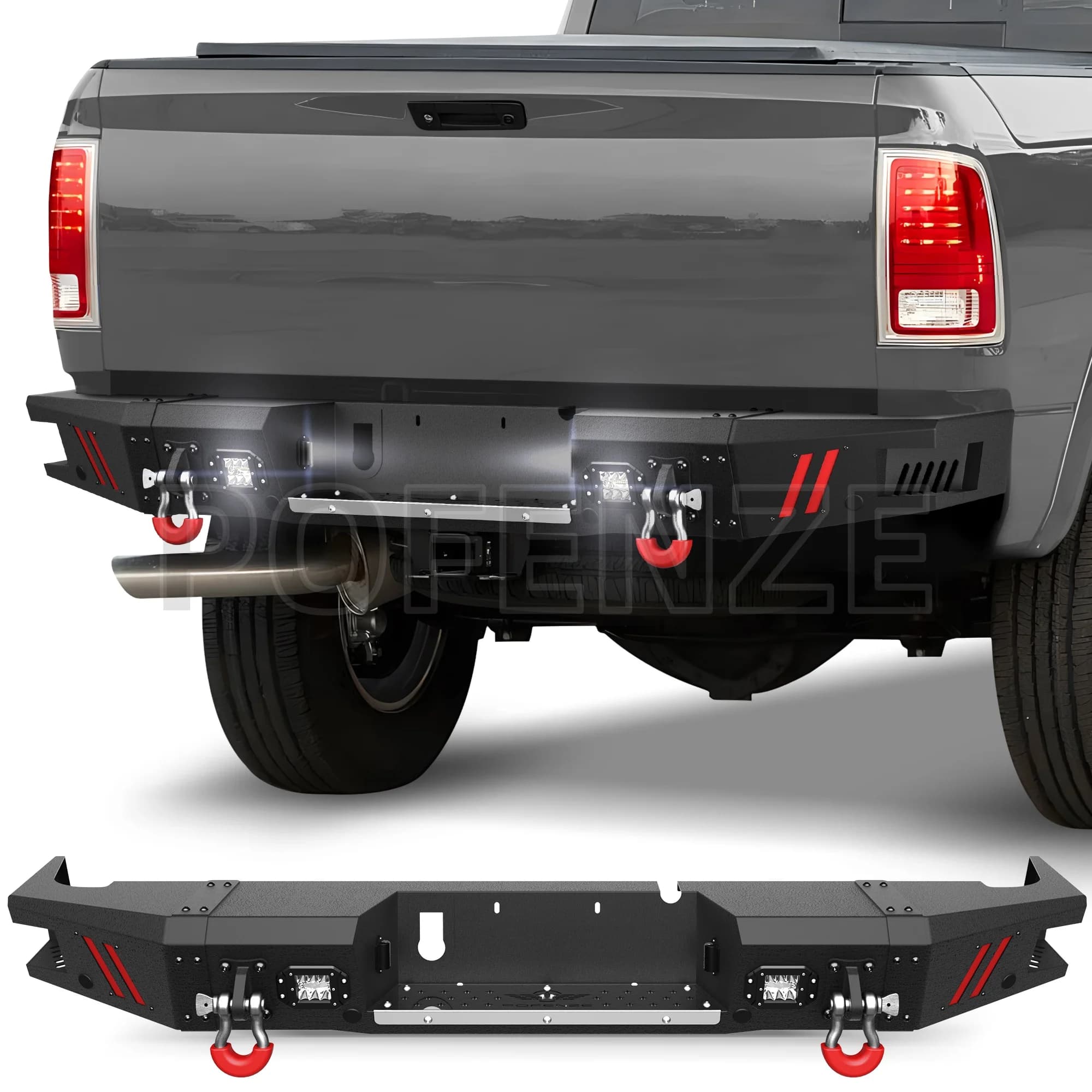 Paraurti posteriore per camion adatto per pick-up Dodge Ram 2500/3500 2010-2018, nero strutturato con anelli a D, luci a LED, piastra gradino in acciaio inossidabile