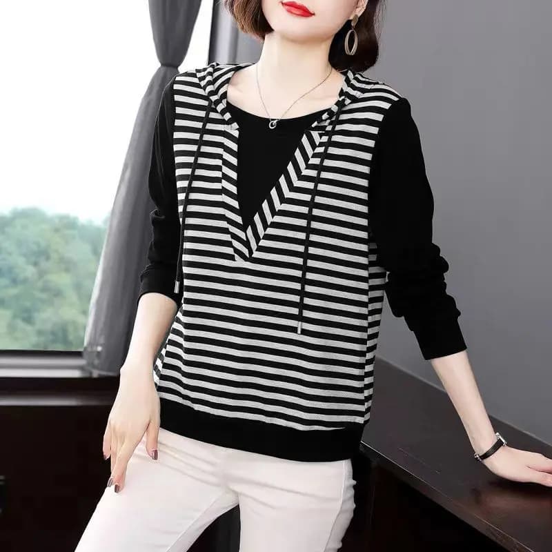 2023 New Spring and Autumn Fashion Simple Stripe Fake Two Piece Loose Casual Oversized Panel Hooded Lace Up Women's Sweater