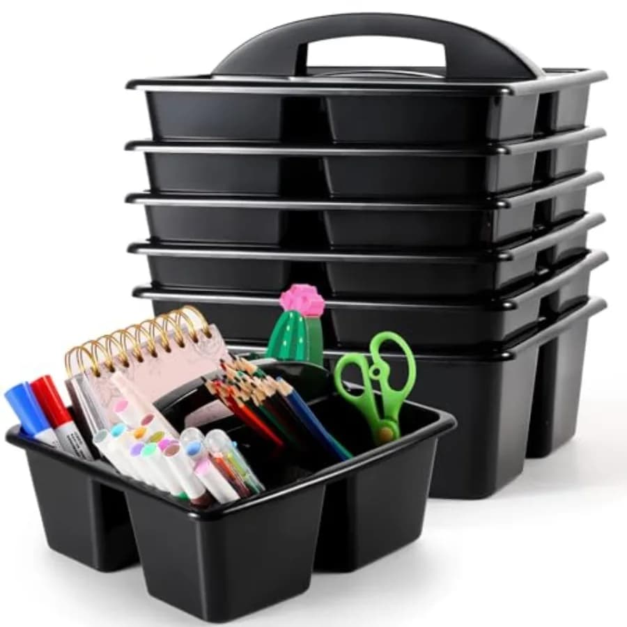 Set di 6 Organizzatori per Aula con Maniglia, Contenitori in Plastica con 3 Scomparti, Portaoggetti da Scrivania, Contenitore Portatile