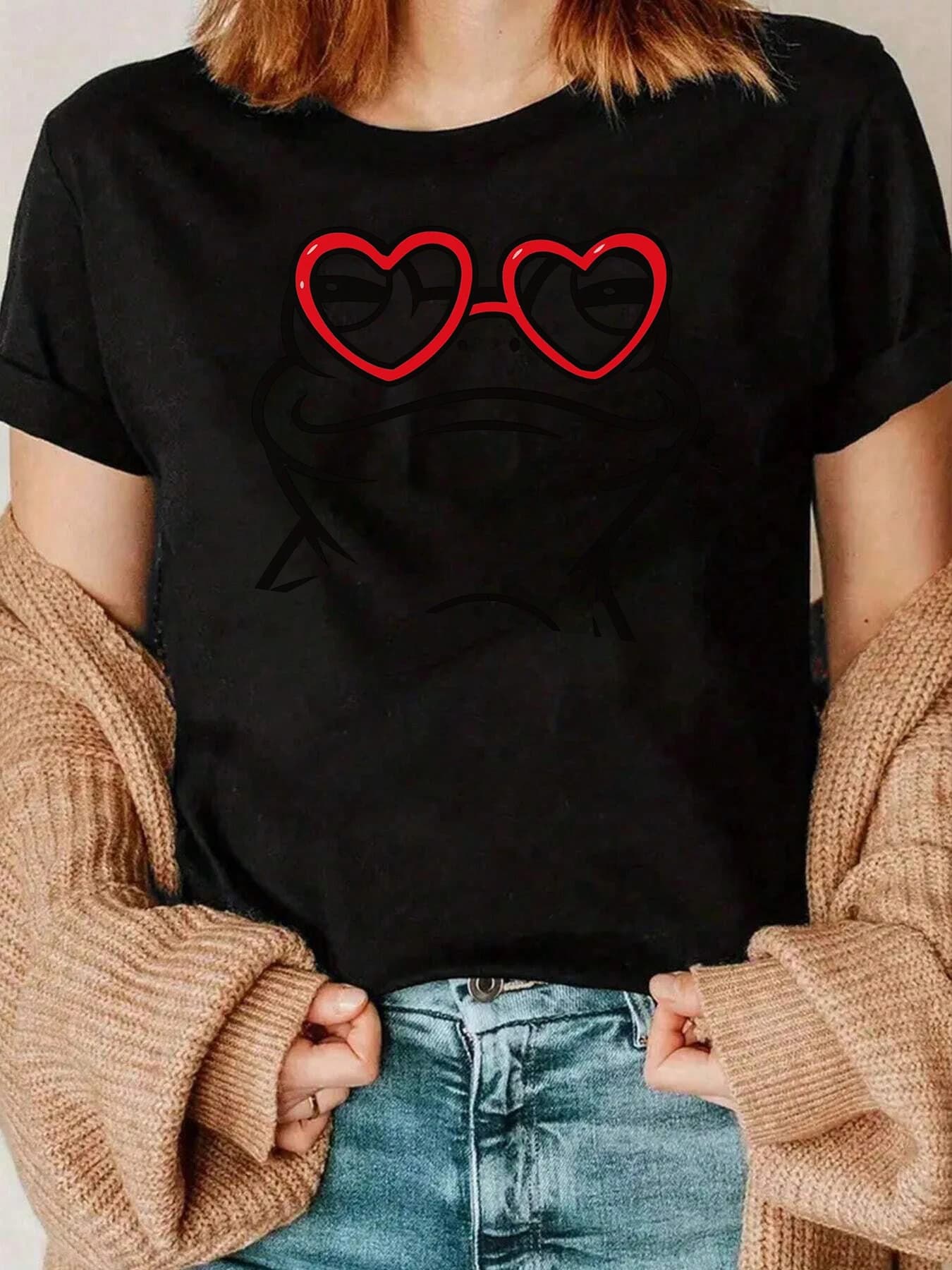 Occhiali da sole a forma di cuore Stampa T-shirt di San Valentino Abbigliamento casual da donna 220g