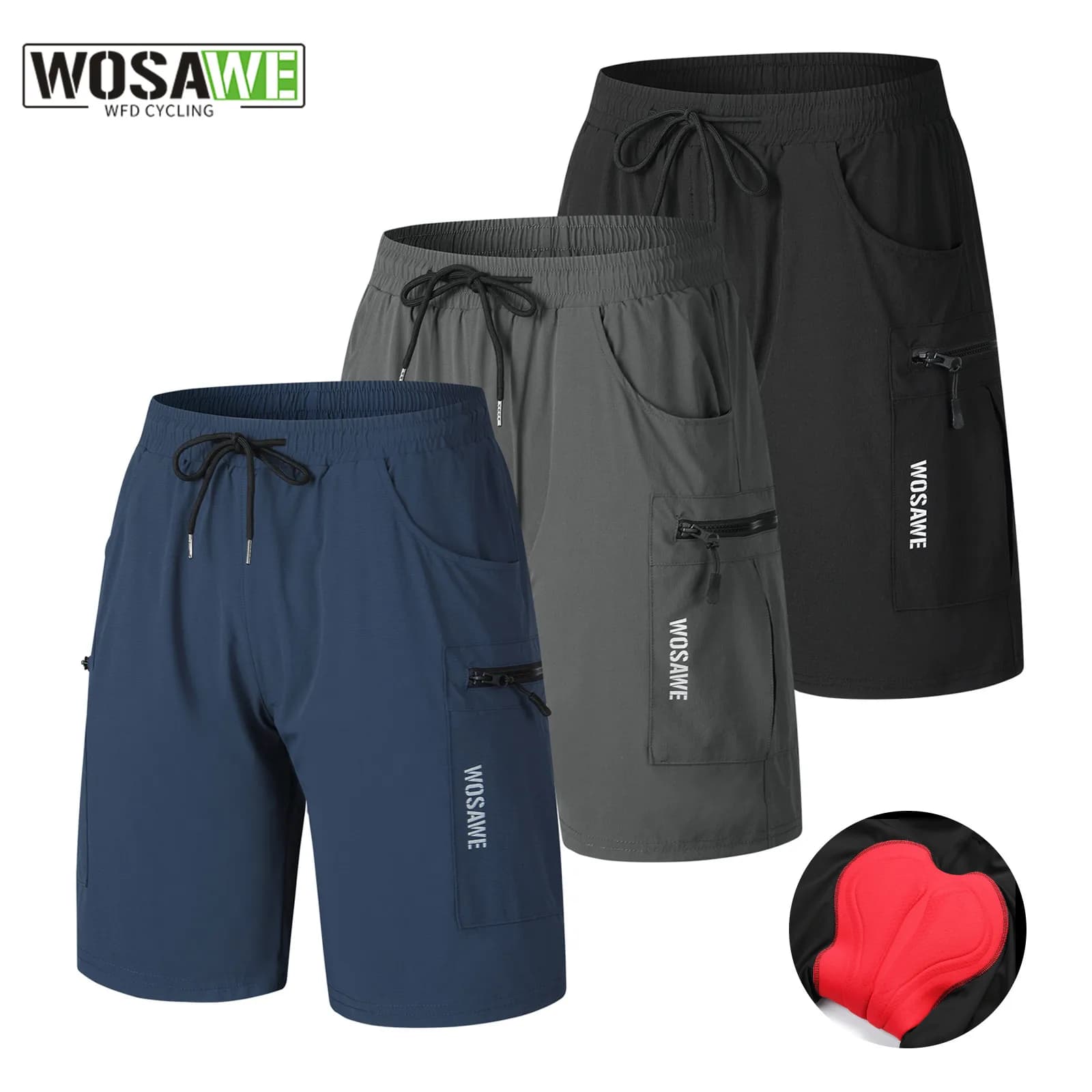 WOSAWE Men's Cycling Shorts MTB Padded Tubes MTB Wearing Pockets for Mountain Bike Cycling Shorts 2 in 1 Men's Breathable Quick Drying
