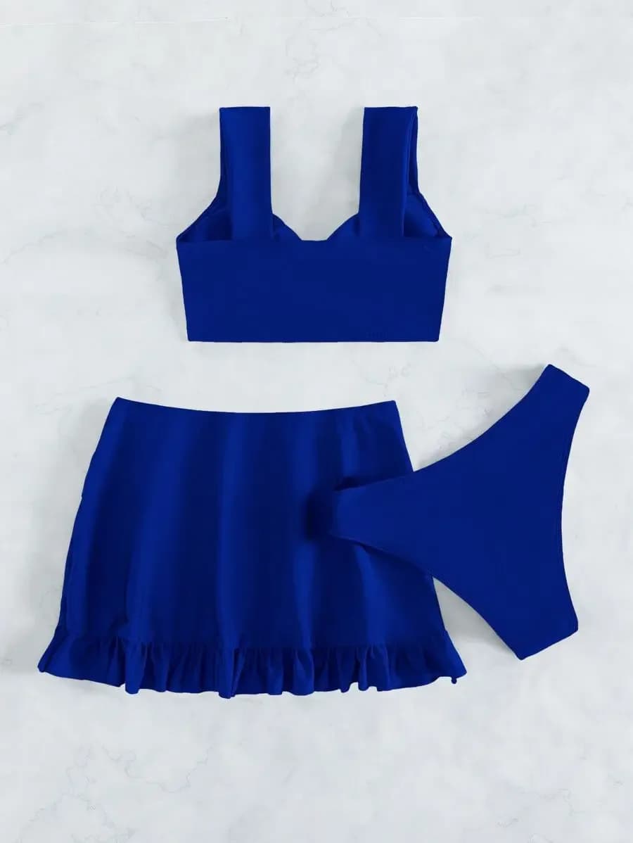 Blue Twist Ruffle Trim Bikini Set With Beach Skirt