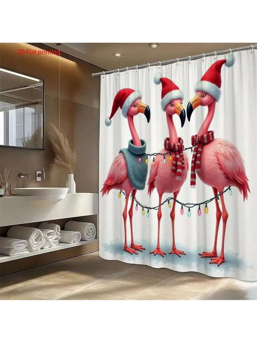 1pc Flamingo Bath Curtain With Hooks - Pink Flamingos In Santa Hats & Scarves With String Lights Design, Polyester Fabric