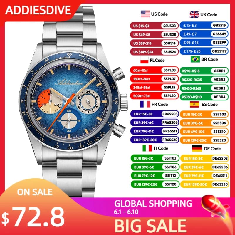 ADDIESDIVE 2026 Nuovo Orologio da Uomo di Lusso Cronografo 0S20 al Quarzo, Luminoso C3, Subacqueo 100m Impermeabile, Acciaio Inossidabile 316L