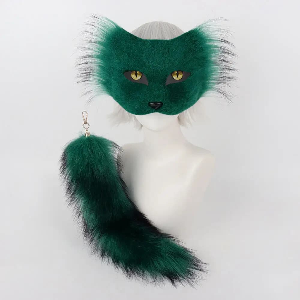 Accessorio cosplay di Halloween Animale Gatto Cos Mezza maschera Coda Set da 2 pezzi con vernice Maschera fai da te personalizzata Coda di peluche Puntelli bestia