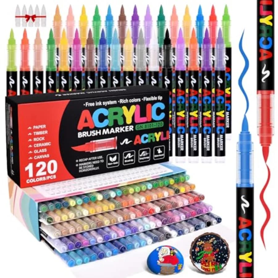 Acrylic Paint Markers Brush Tip, Automatic Ink Control System, Premium Acrylic Paint Pens for Canvas, Rock Painting, Glass, Woo