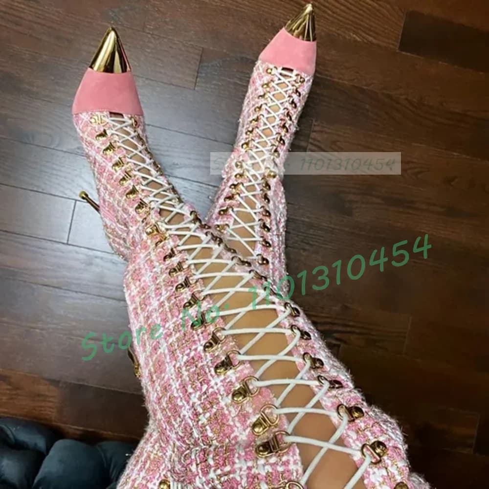 Stivali alti vuoti scozzesi rosa con punta a punta in metallo stivali con tacco alto incrociati da donna stivali Leggy Nifty moda autunno