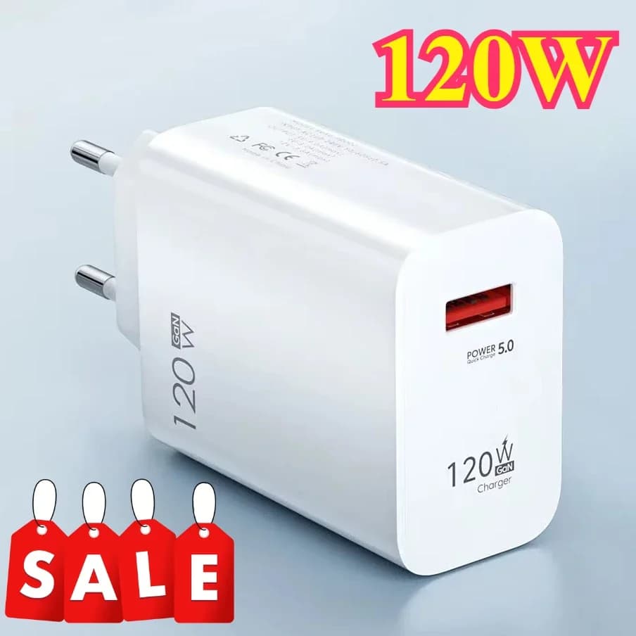 120W USB C GaN Charger, Quick Charging Block QC 3.0 PD for iPhone Samsung Xiaomi Android Phones, Cable Type C, Plug EU US UK