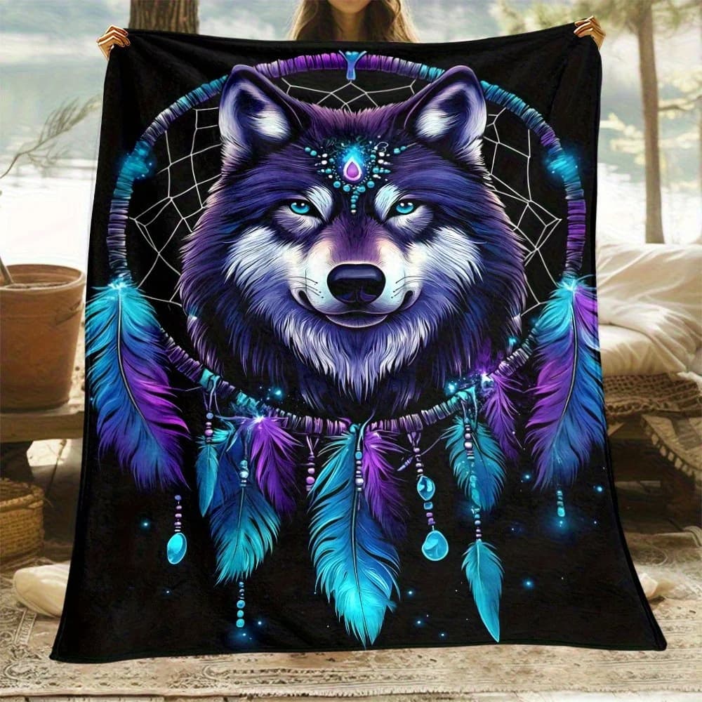 "Native American Dreamcatcher Wolf Blanket, Soft Cozy Throw with Vibrant Feather Design, Perfect for Home Decor and Gift"