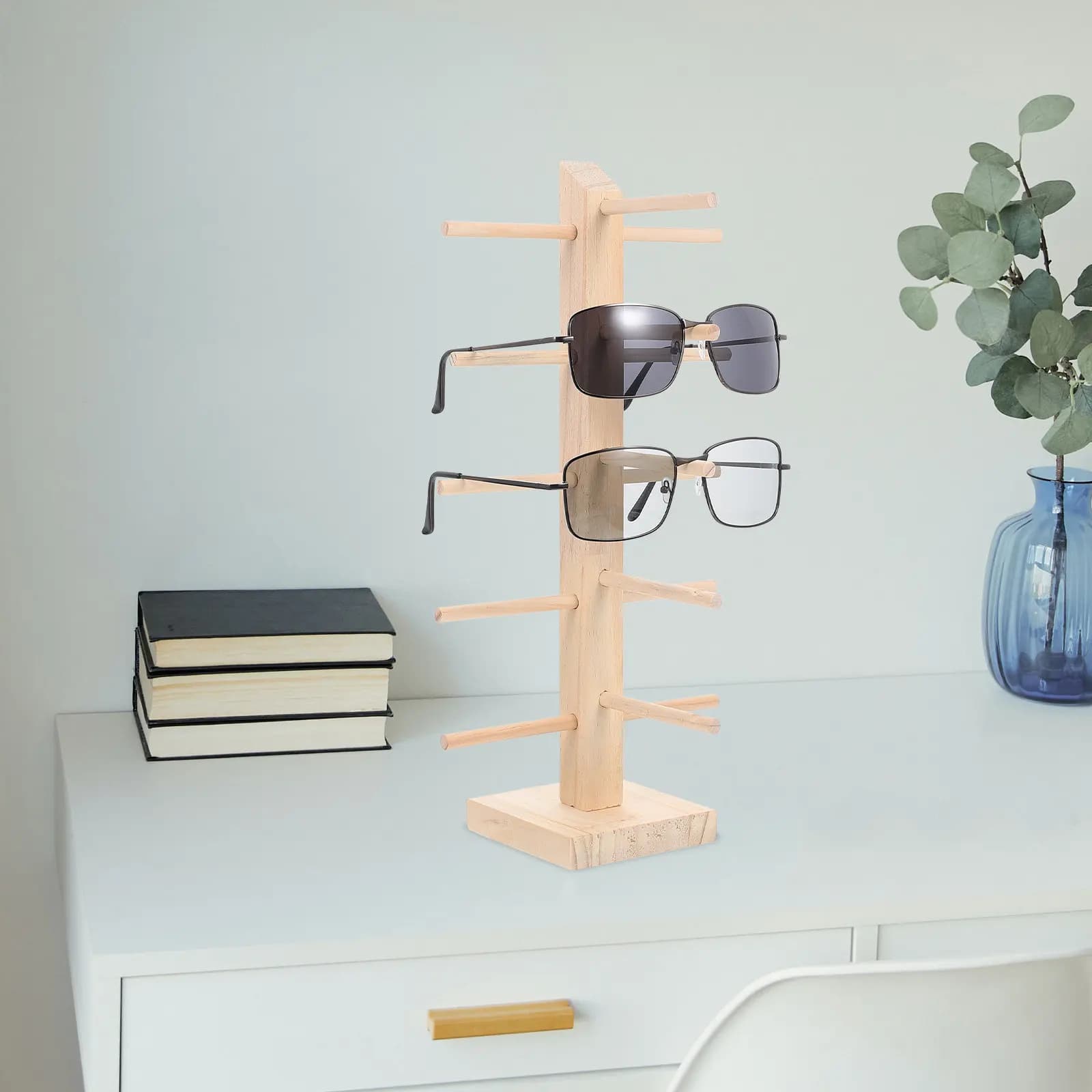 Espositore per Occhiali in Legno Massello con Design Venato, Organizzatore da Tavolo per Occhiali da Sole, da Vista e Maschere da Sci, Scaffale Decorativo per la Casa