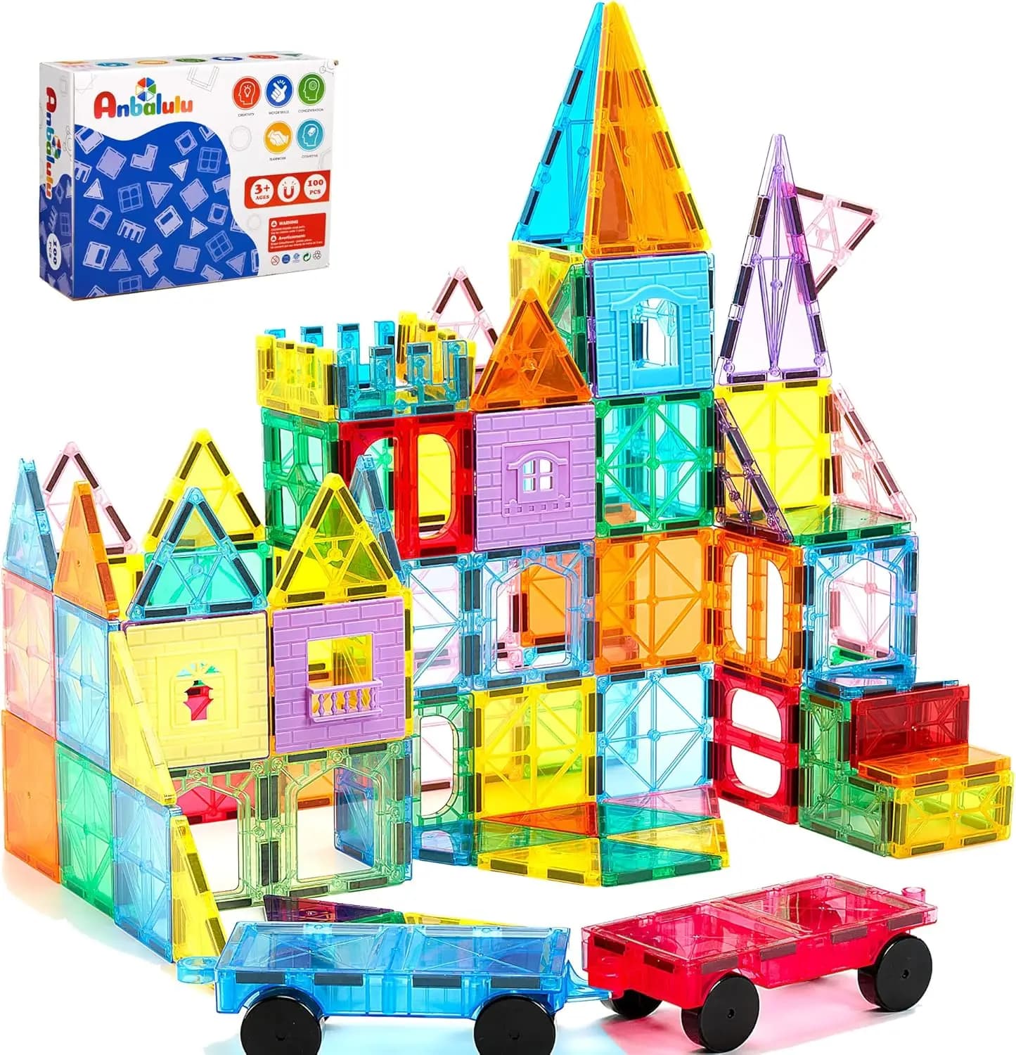 100 Pezzi di Piastrelle Magnetiche con 2 Auto, Blocchi da Costruzione STEM per Bambini dai 3 ai 9 Anni, Gioco Educativo da Costruzione, Regalo