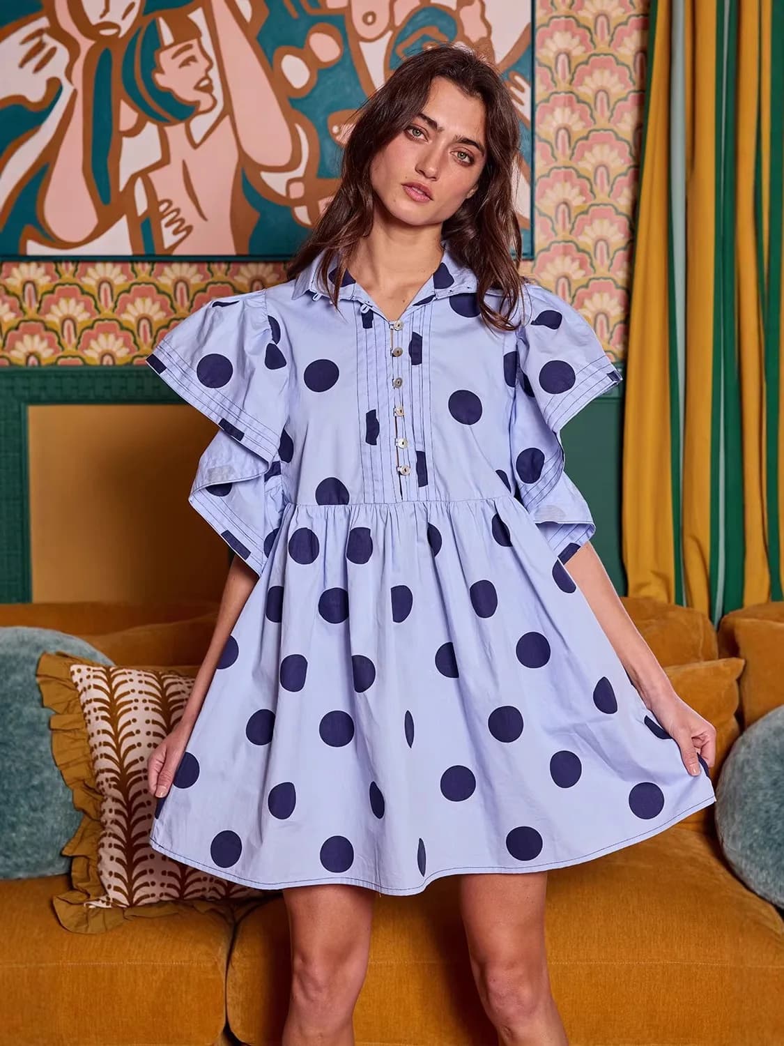 Camicetta da donna primaverile/estiva con stampa a pois, spalle scoperte, maniche corte, top alla moda plissettato e dolce, in fibra di poliestere