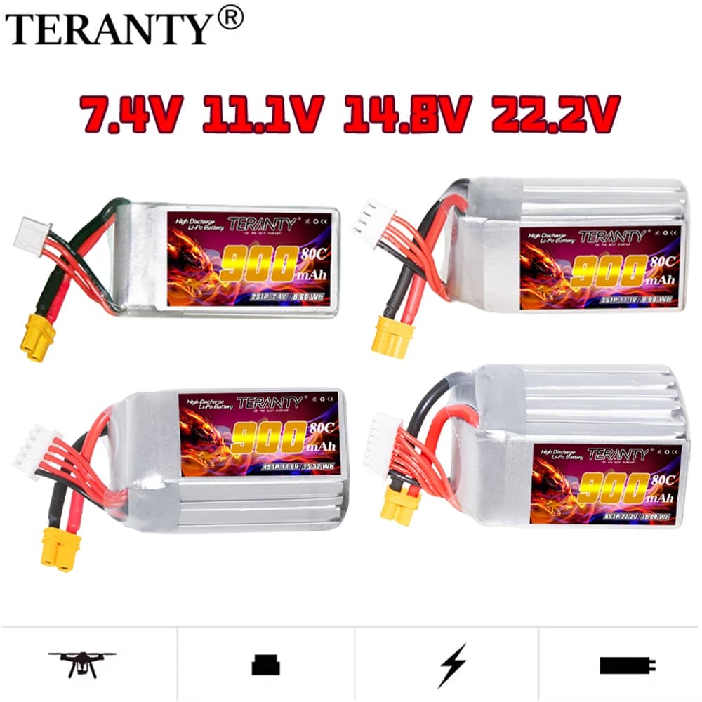 Batteria LiPo TERANTY 2S 3S 4S 6S 7.4V 11.1V 14.8V 22.2V 900mAh 80C con connettore XT30 per Elicottero RC, Quadricottero, Drone FPV