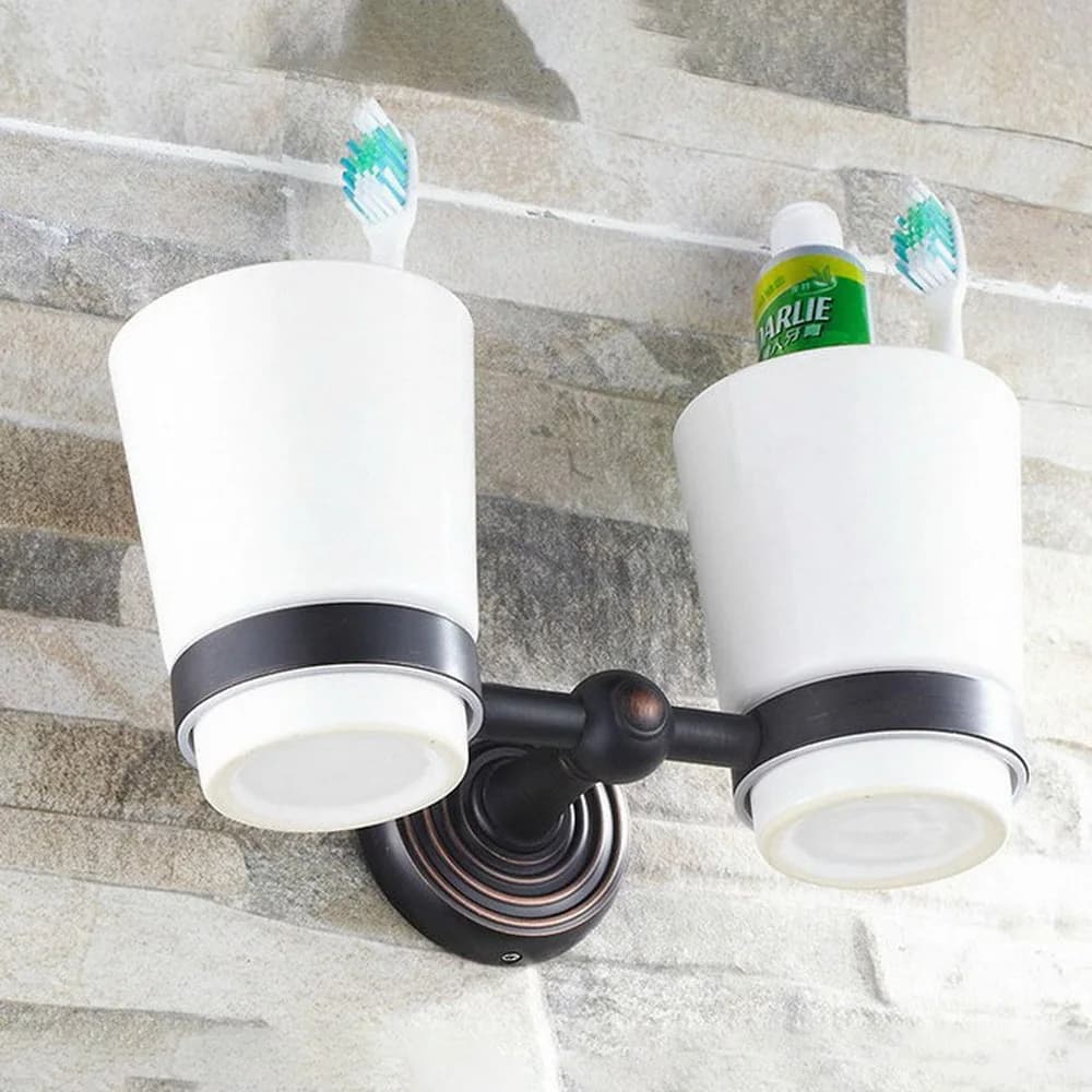 Portaspazzolino in ottone lucidato a olio nero con doppi tazze in ceramica Accessori da bagno montati a parete aba118
